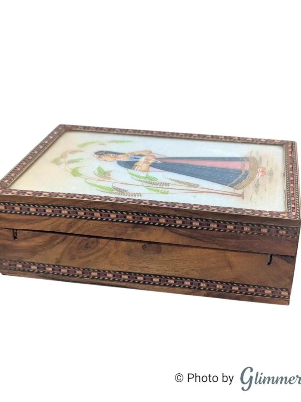 Vintage Indian Inlay Rajasthani Art Blue Lined Glass Lid Wood Jewelry Box